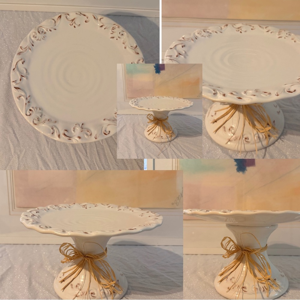 Classic Cream Ceramic Cake Stand with Ornate Pedestal